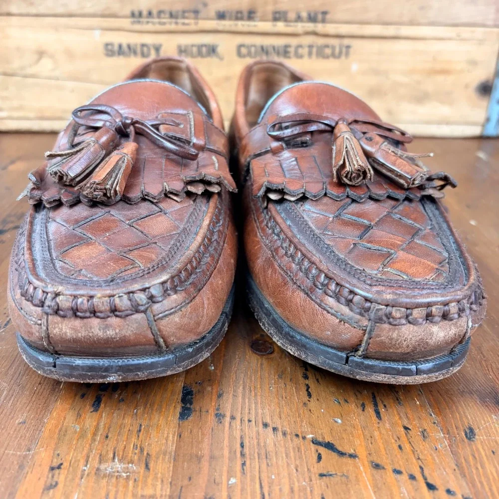 Vintage Brown Leather Woven Kiltie Tassel‎ Loafer Mens 9M Slip On Cognac Brown